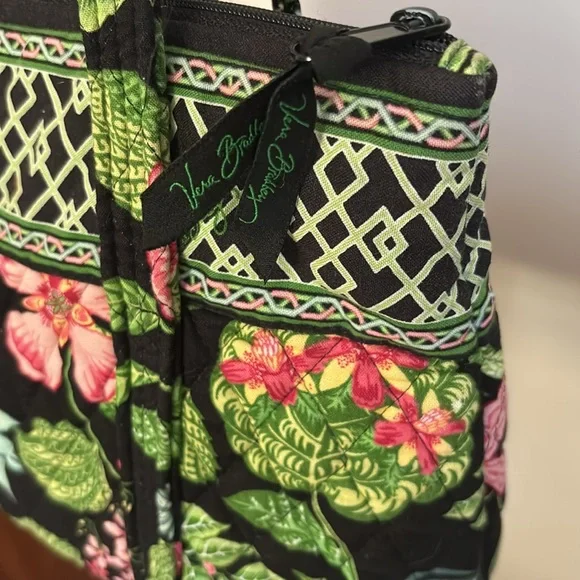 Vera Bradley Purse Black Quilt Fabric Floral Print Shoulder Bag Green Pink Blue - Picture 3 of 14